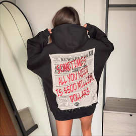 跨境亚马逊女装速卖通爆款欧美时尚潮牌报纸印花卫衣外套女秋冬款