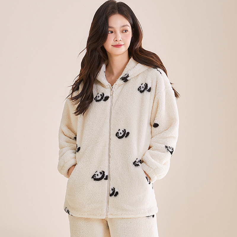 睡衣女新款珊瑚绒连帽拉链熊猫印花两件套御寒抗静电家居服可外穿|undefined
