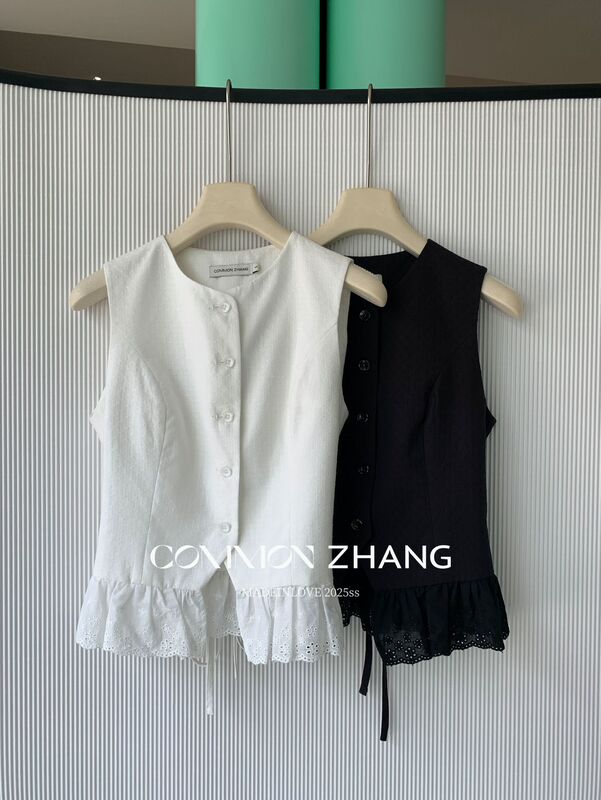 CZ ZHANG夏季法式简约花边镂空拼接纯色百搭圆领开衫马甲女B24835|undefined