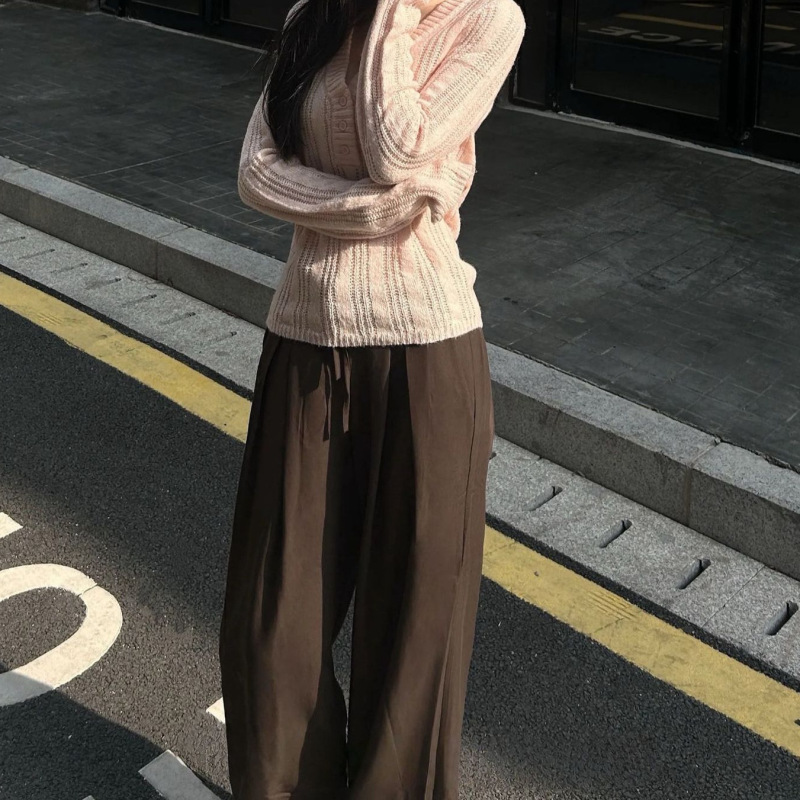 早秋时尚领毛织上衣女2025螺纹镂空针织衫粉色其它|undefined