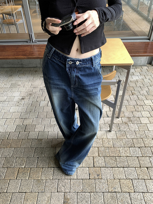 [9hour]美式错位纽扣牛仔裤女 2025秋季压树脂抓纹直筒长裤hc1311|undefined