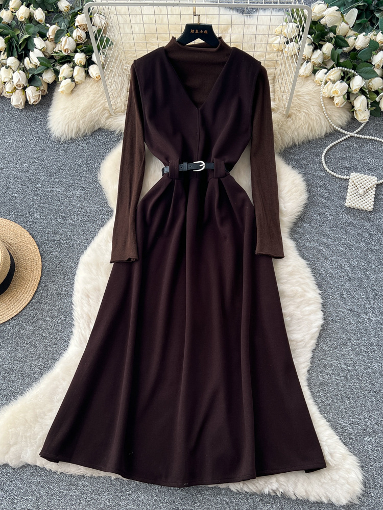 秋冬叠穿两件套女感绑带收腰无袖呢子连衣裙+打底针织衫套装