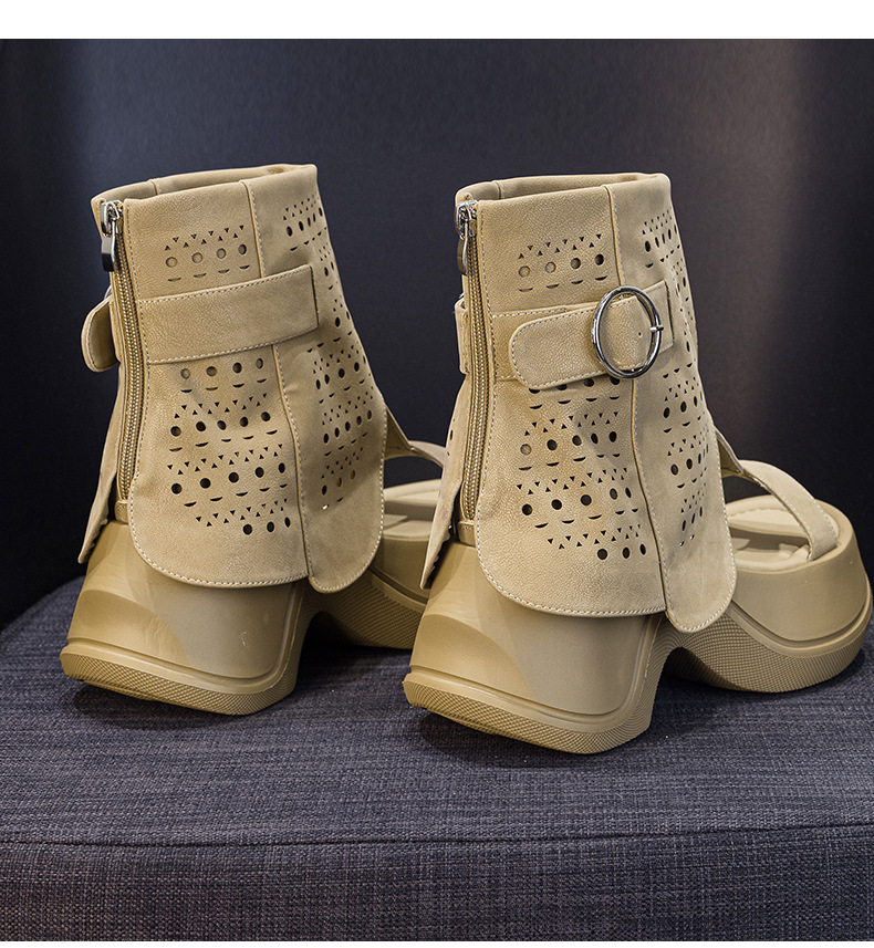 Boot cổ cao nữ đế dày phong cách La Mã hở mũi — Màu caramel 5069-1, Màu đen 5069-1 chi tiết 16