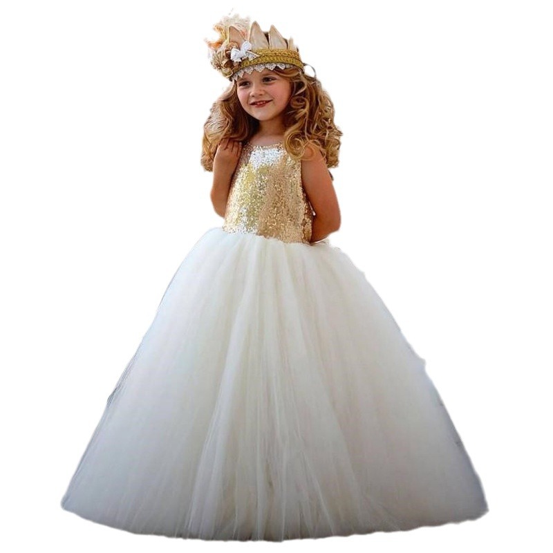 Robe de fête à paillettes pour filles – Robe de princesse en mélange de coton pour occasions spéciales, anniversaires et concours de beauté (80-160 cm, couleurs de saison)_voghion.com