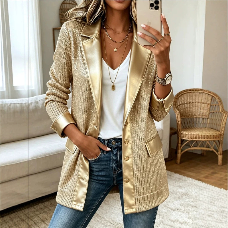 Amazon Cross-Border European and American New Fashion Casual Long-Sleeve Cardigan with Gold Foil Knit Sequin Patchwork Blazer for Women