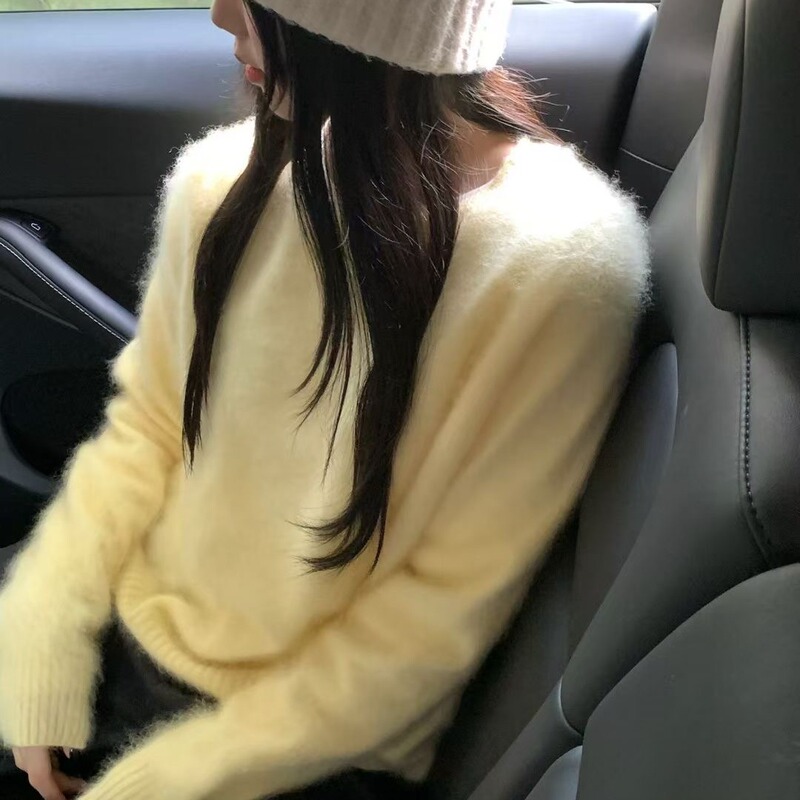 韩系秋款仿貂绒毛茸茸宽松显瘦毛衣女圆领套头针织衫简约基础内搭|undefined