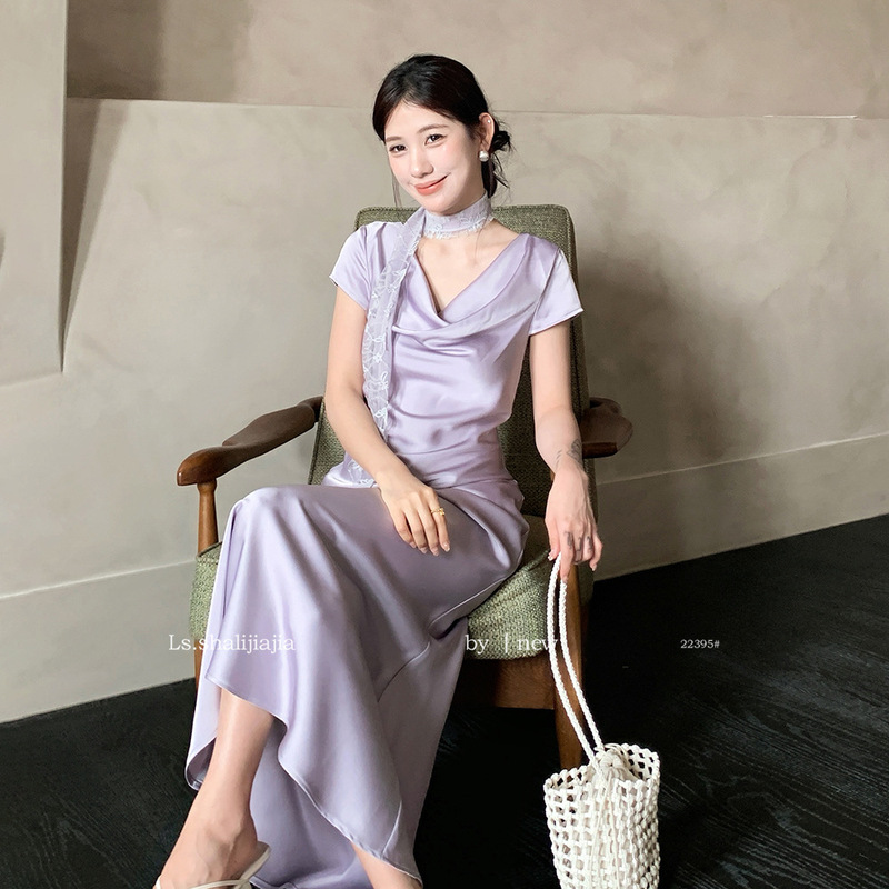 LS High-level Acetic Acid Texted Satin dress Women's 2025 Summer New Stunning Dress 22395