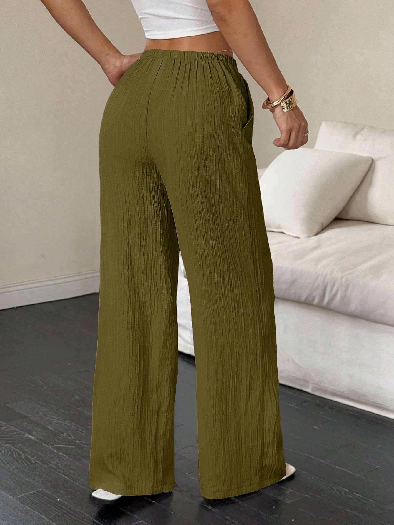 Damen Weithosen Freizeithose Mit Knotentaille Strukturstoff_voghion.com