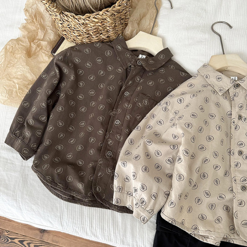 Boys' Long-Sleeve Shirt Spring and Autumn  New Korean Style Children's Stylish Shirt Jacket Striped Floral Top Autumn Outfit
