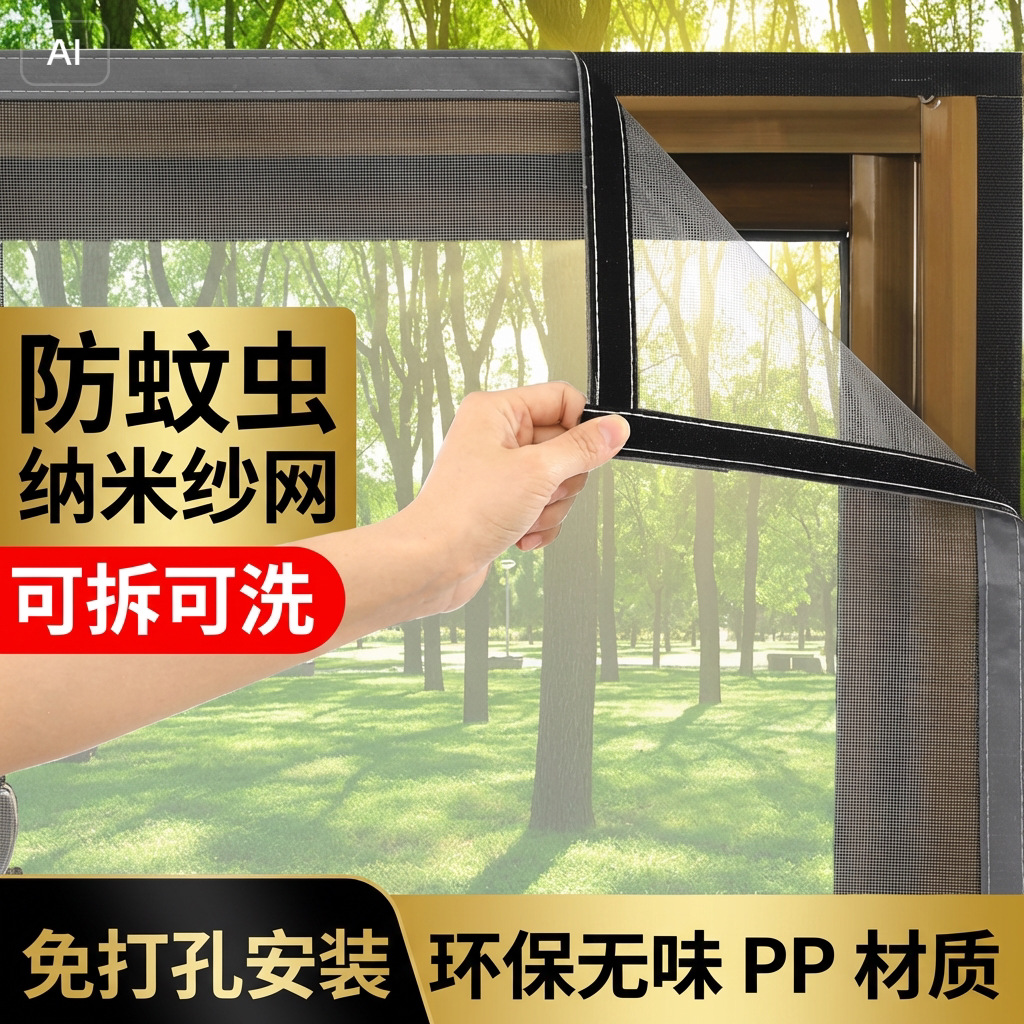 纳米纱窗网防蚊纱窗免打孔自粘式隐形纱网家用易清洗工厂直销