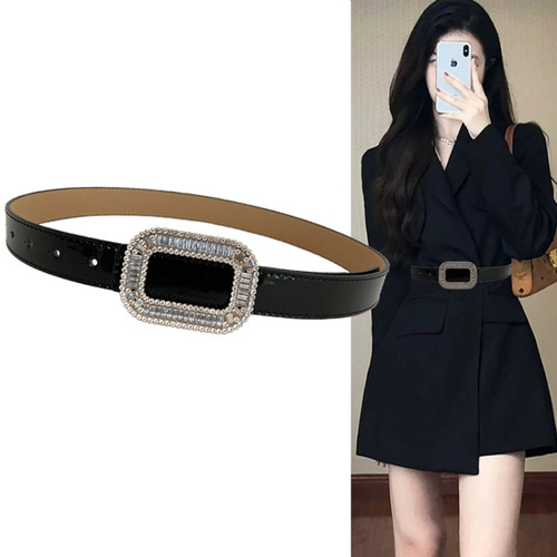 Water Diamond Belt Women Fashion Simple Versatile Decorative Skirt Slimming Belt Match Suit Coat Overcoat Waist Decor Black