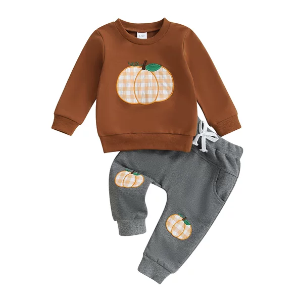 Amazon Aliexpress Best-Selling Autumn and Winter Boys' Halloween Pumpkin Embroidered Long-Sleeve + Long-Pants Set