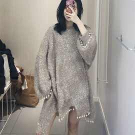 亮丝毛衣女重工钉珠春秋新款宽松洋气百搭闪光丝慵懒风针织衫女