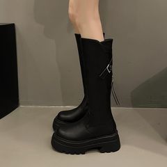 ハイブーツ 2025 秋冬新スタイルバックジッパー厚底弾性ブラウン膝丈ブーツ女性用