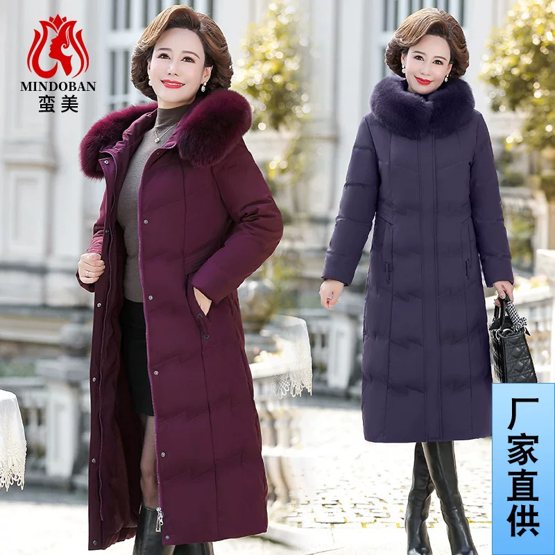 Long winter velvet down jacket, maxi length, increased thickness, duck down, for middle age