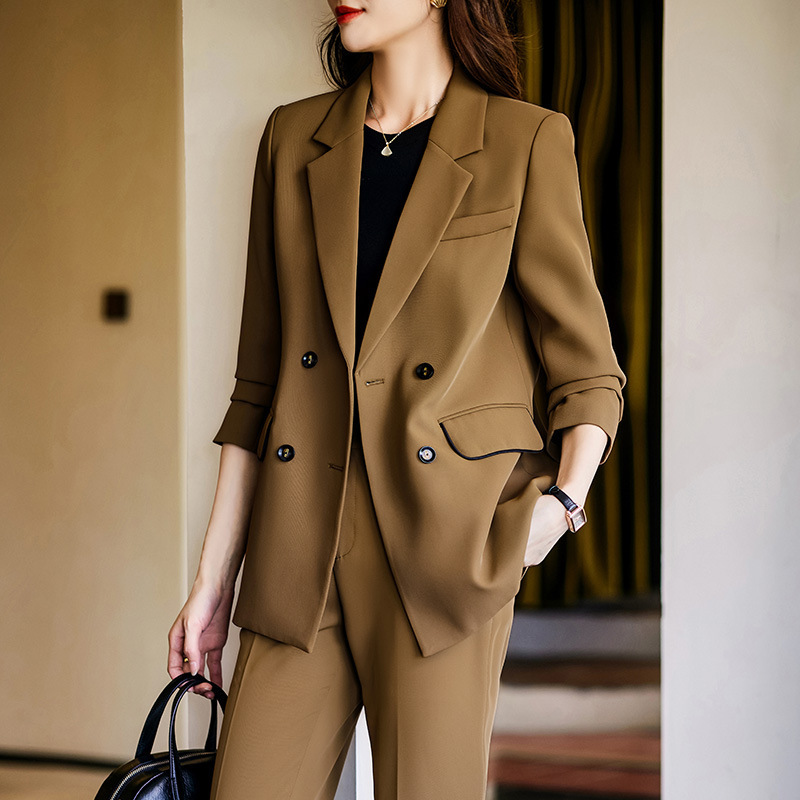 Small Suit Set Women's Slim-fit Double-breasted Suit Jacket High-end Elegant Korean Style Business Wear 2023 Brown Loose