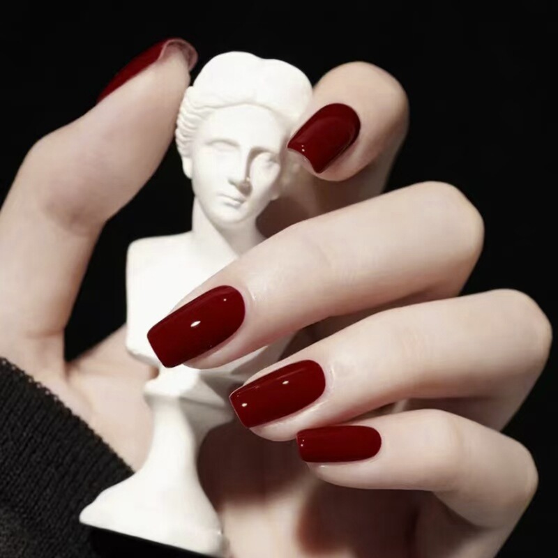 D674-wine red nail art finished solid color wearing nail medium rectangular autumn and winter new white fake nail patch
