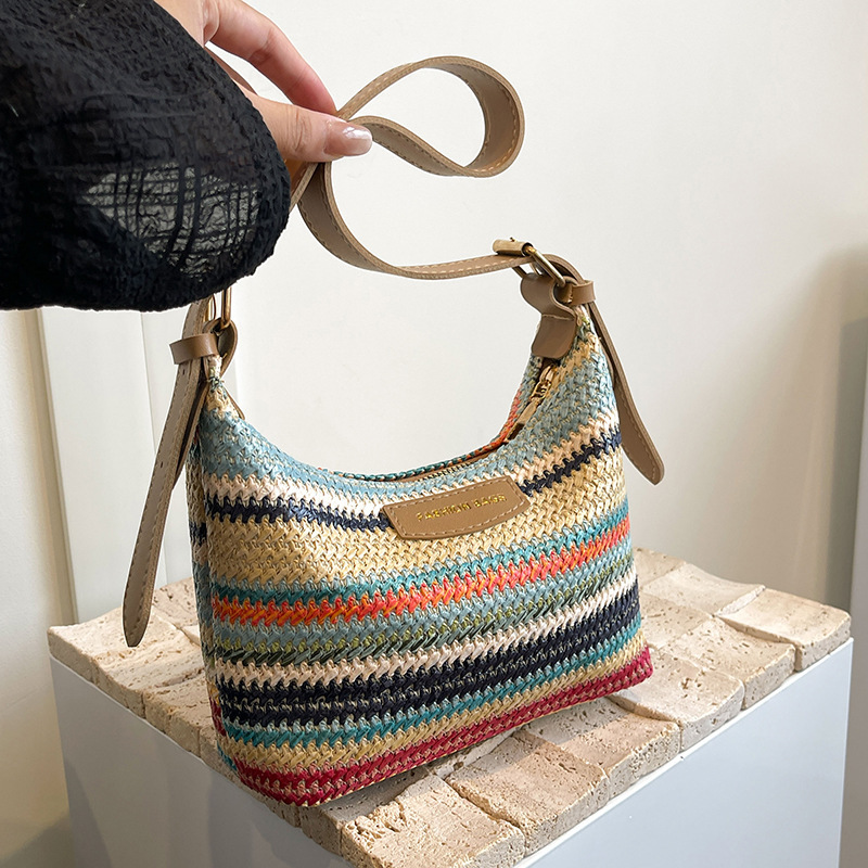 Underarm Woven Bag Women's New Crossbody Bag Contrasting Color Striped Tote Bag Work Commuter Western Style Shoulder Bag