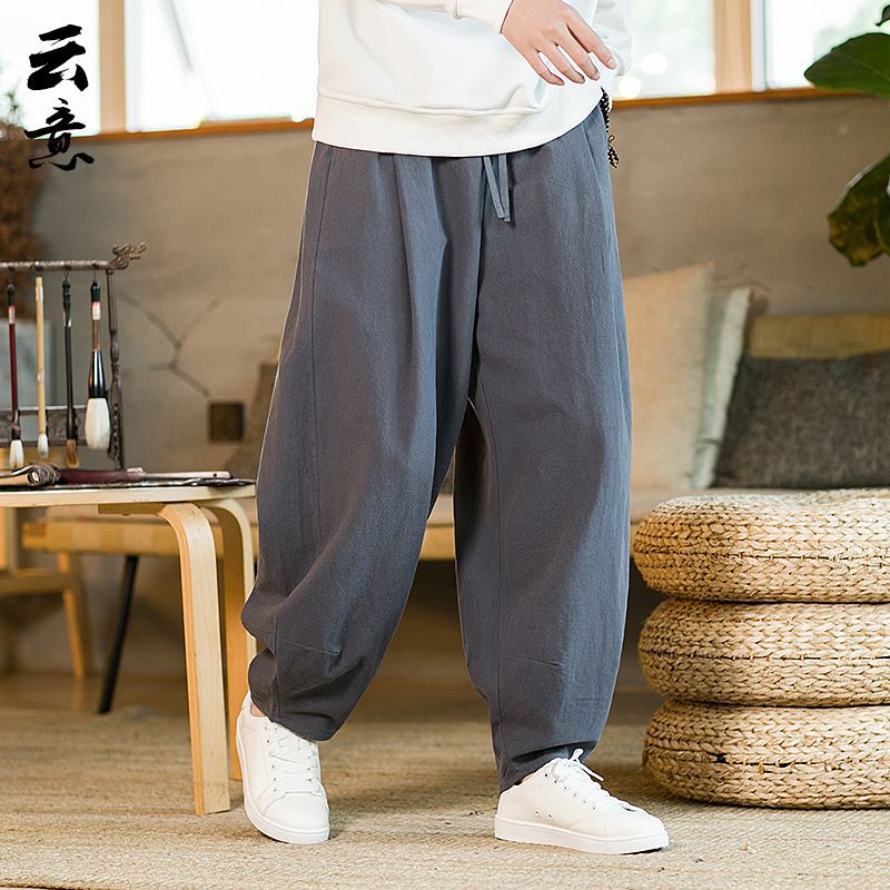 Pantalones de Tai Chi Pantalones de entrenamiento de artes marciales de talla grande de estilo chino de primavera y otoño para hombres Pantalones de bombachos sueltos de pierna ancha Pantalones largos de kung fu de algodón y lino