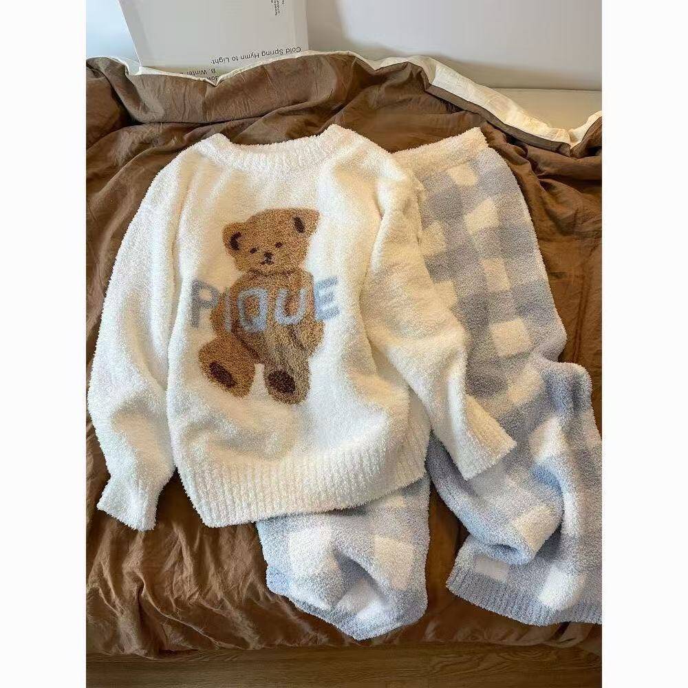 新款秋冬季睡衣女ins风半边珊瑚绒卡通小熊绣花长袖家居服套装