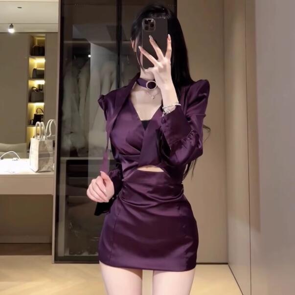 French-Style High-End Sexy Purple Shirt Dress for Women, Autumn Elegant Socialite Slim Mature Mature Lady Bodycon Short Dress