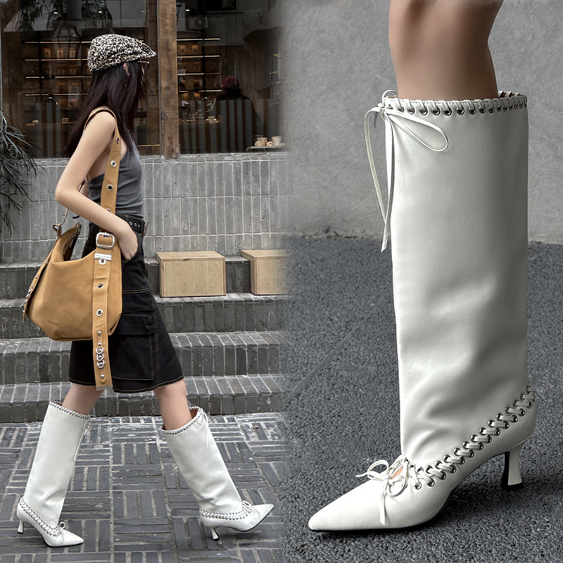 European and American Style Spicy Girl Studded Lace-Up Thin High-Heeled Wide-Leg Boot with Sexy Pointed Toe, Large Size Kitten Heel Straight-Leg Patchwork Boot