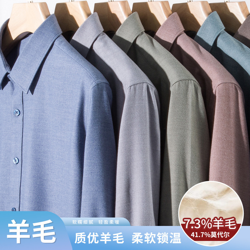 New Solid Color Men's Business Wool-Containing Shirt, No-Iron Spring & Fall Casual Versatile Long-Sleeved Anti-Wrinkle High-End Shirt