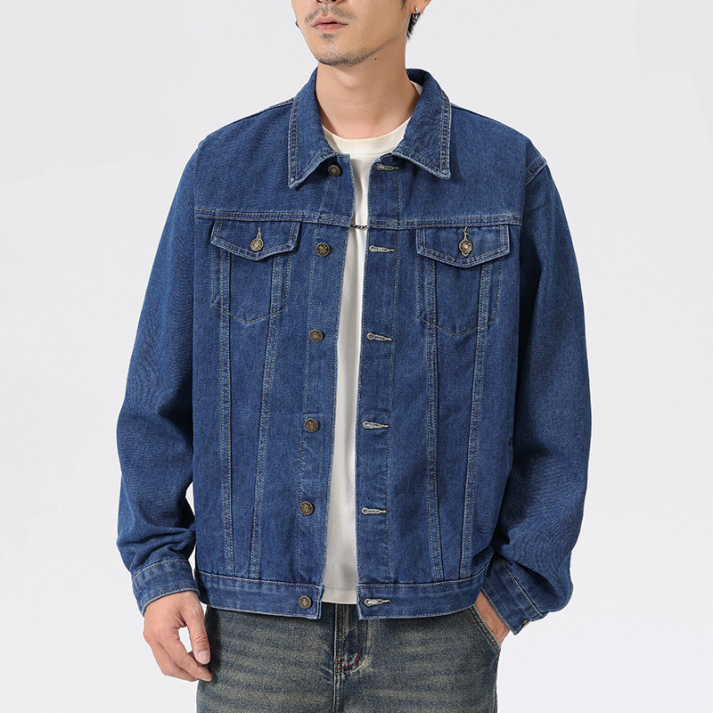 Cross-Border American-Style Denim Jacket for Men, Versatile Retro Washed Denim Jacket, Men's Solid Color Workwear Long-Sleeve Jacket