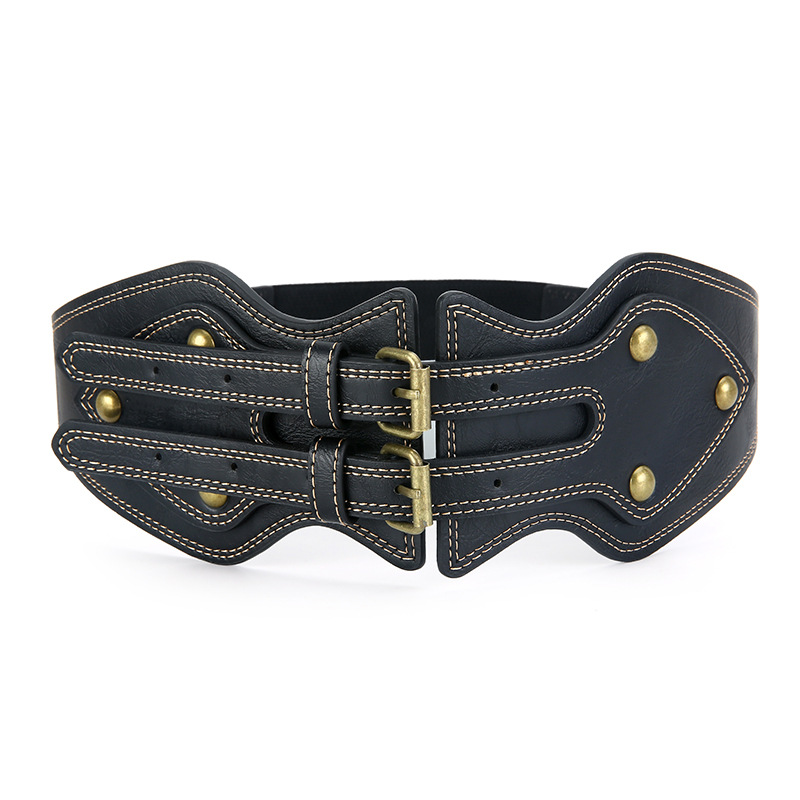 Cinto corset feminino em couro com fivela dupla elegante_voghion.com