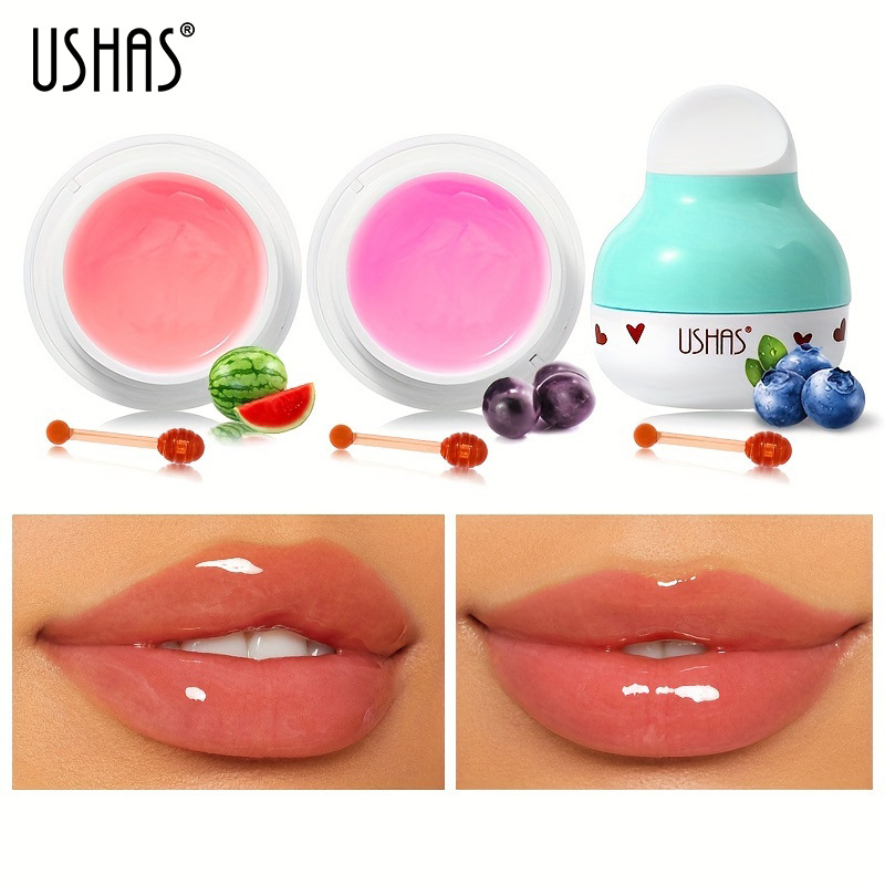 USHAS punto transfronterizo venta caliente 3 colores gelatina fresca mascarilla de labios exfoliante de labios mascarilla de labios para aclarar las líneas de los labios e hidratar