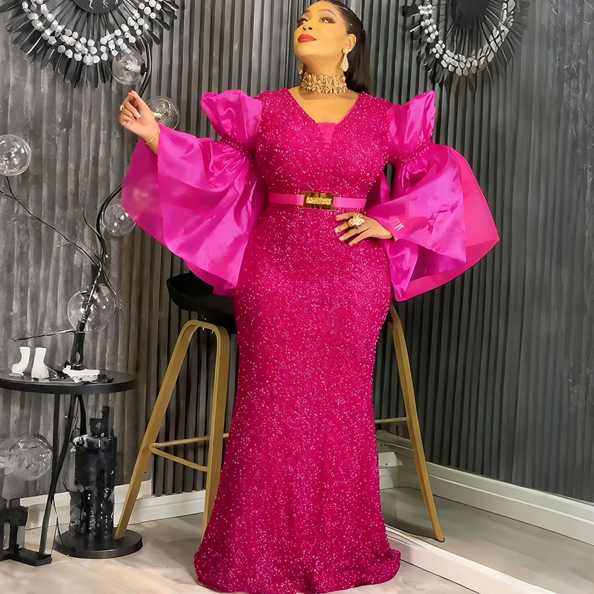 Women's Clothing Spring New V Neck Dress, Gold Fitted Waist, Puffy Sleeves, Courtly Retro Style, Elegant Long Evening Gown_ecoleips.com