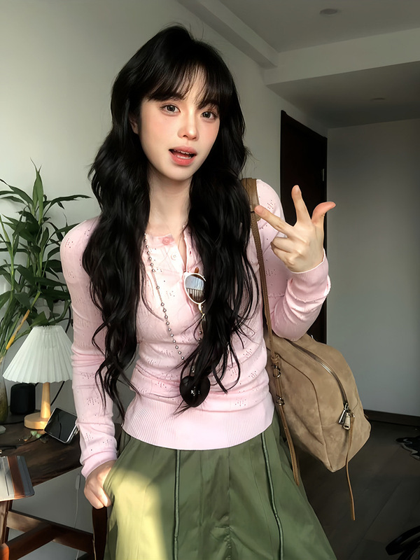 早秋辣妹复古镂空针织衫打底衫女长袖修身设计感T恤粉色上衣|undefined
