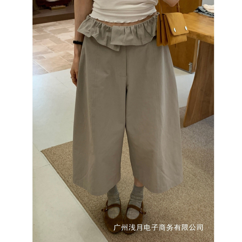 Korean-Style Ruffled Wide-Leg Cropped Casual Pants for Women, Summer High-Waisted Slimming Versatile Designer Niche Pants