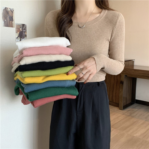 Women's winter and autumn sweater inner layer crew neck ribbed design fashionable and trendy long sleeve knitted top