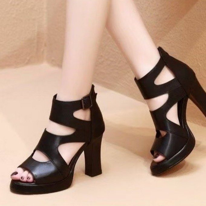 Sandalias de tacón alto boca de pez hueca Roma 2025 nuevas sandalias verano impermeable para mujer todo fósforo con sandalias de mujer de tacón grueso