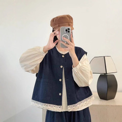 秋季新品外搭蕾丝拼接背心女时尚无袖圆领牛仔马甲