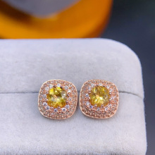 纯天然黄水晶耳钉颜色超级棒裸石尺寸5*5mm高档s925纯银镶嵌厂家