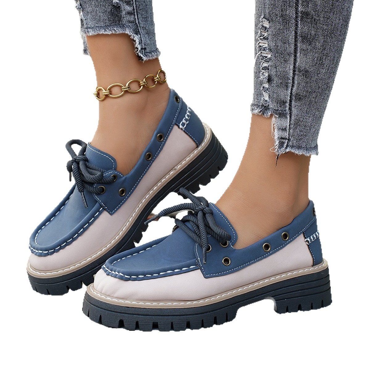 Mocassini da donna con lacci e borchie, tacco grosso, suola spessa, scarpe singole color block, novità autunno._voghion.com
