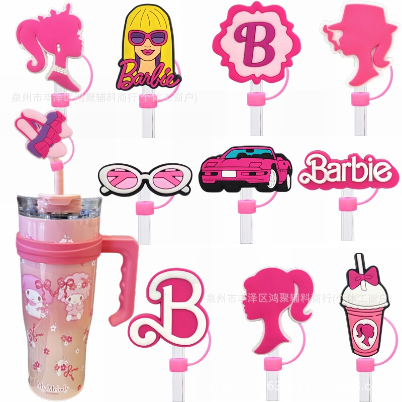 Pink Barbie Silicone Straw Cap 10mm Dust Plug Hat Decorative Accessories Dust Cover Glass Straw Protective Cover