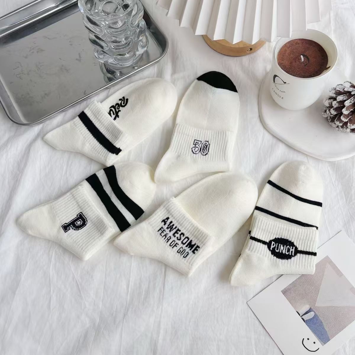 Calcetines de hilo de punteado de colores, calcetines de mujer, algodón fino de verano, calcetines bajos con bordado de cachorro lindo japonés de moda