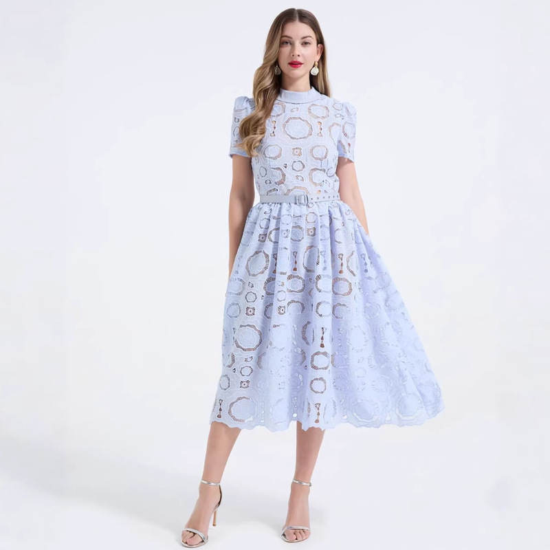 Cross-Border High-Neck Hollow-Out Lace Short-Sleeve Dress for Women, Slim-Fit, Figure-Flattering, Puffy Long Dress [with Straps Included]