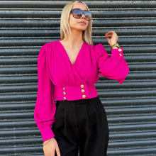 现货欧美衬衫女V领外贸跨境长袖优雅气质春秋女装高级感衬衣秋