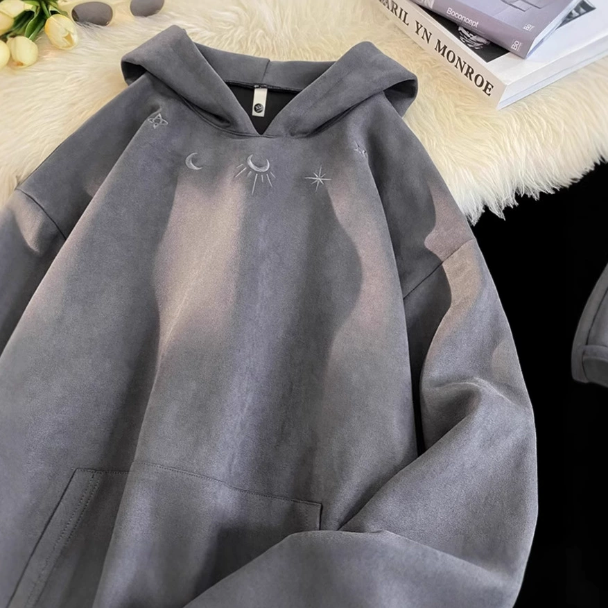 Вышитый замшевый свитер мужская с капюшоном зимняя американская тяжелая одежда осень и зима ретро прилив бренд красивый пальто