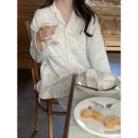 2025韩版温柔海盐蓝小碎花夹层棉花边宽松家居服睡衣套装