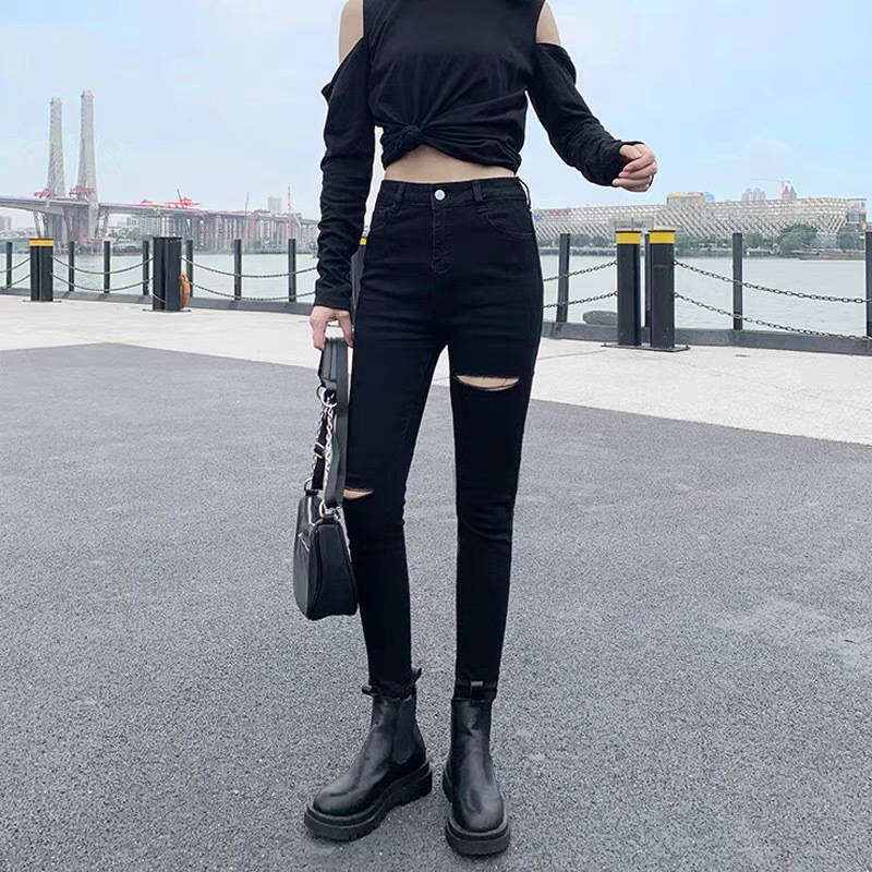 秋季薄款黑色上下破洞牛仔裤女高腰新款紧身八分显瘦小脚裤铅笔裤