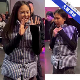 金智妮Jennie同款蓝色格子无袖羽绒棉服背心马甲外套女潮2023冬季