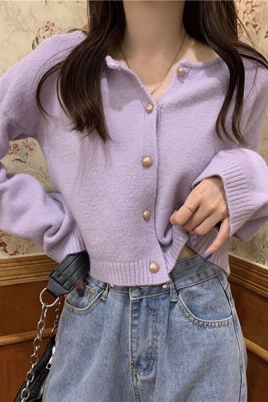 秋季2025新款温柔风修身短款紫色气质外搭长袖针织软妹毛衣女学生