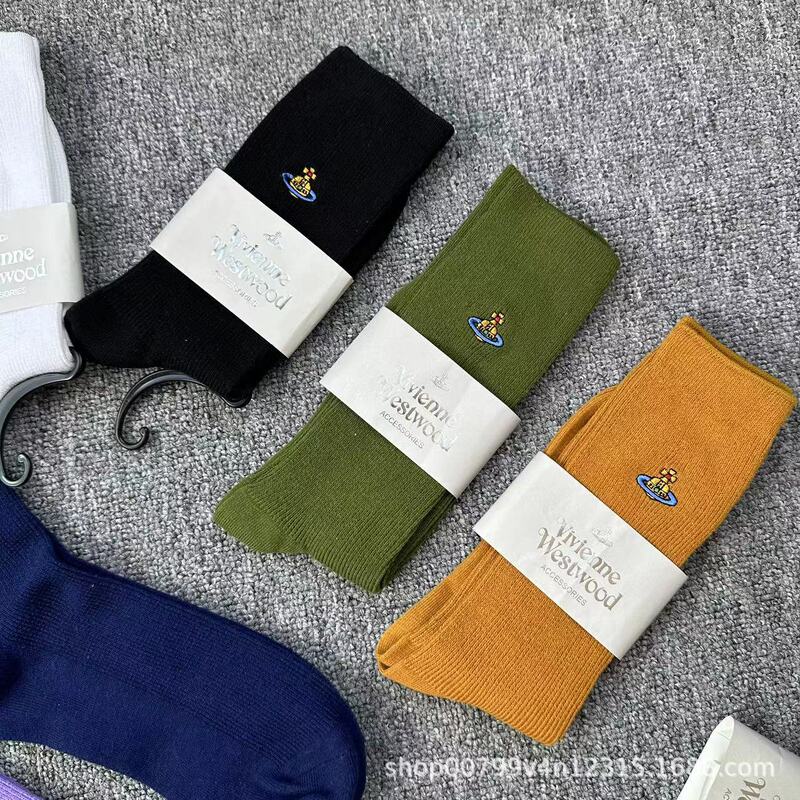 New Japanese Empress Saturn Embroidered Socks Double Needle Vertical Stripe Women's Socks Solid Color Ladies Slouch Socks Sweat-Absorbent Casual