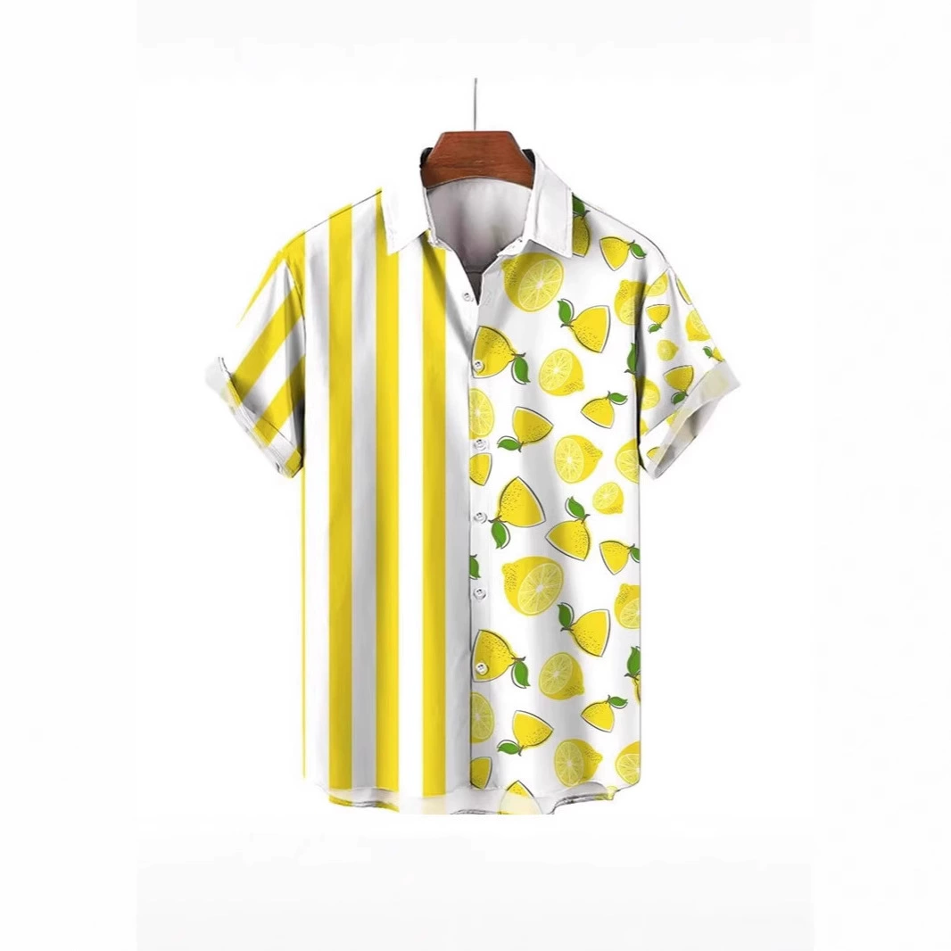 Трансграничная европейская и американская летняя мужская рубашка в фруктовую полоску с индивидуальным принтом, повседневный свободный кардиган с короткими рукавами, топ