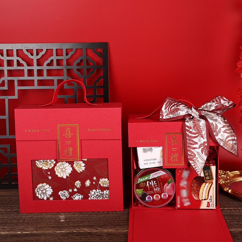 现货新中式婚礼喜糖盒批发新款结婚伴手礼盒翻盖红色喜礼包装盒子